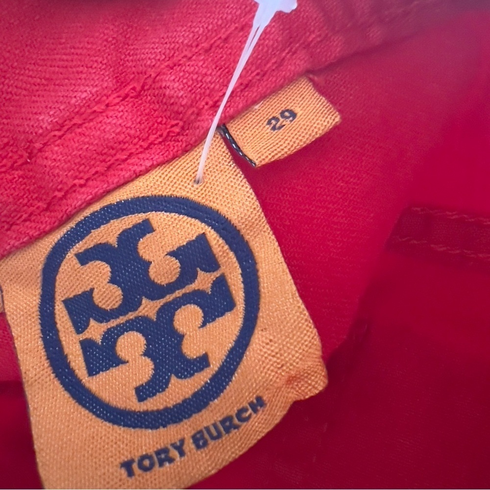 Tory Burch Red Cropped Skinny Jeans Embroidered Logo Pockets Size 26 denim NEW - Picture 14 of 15